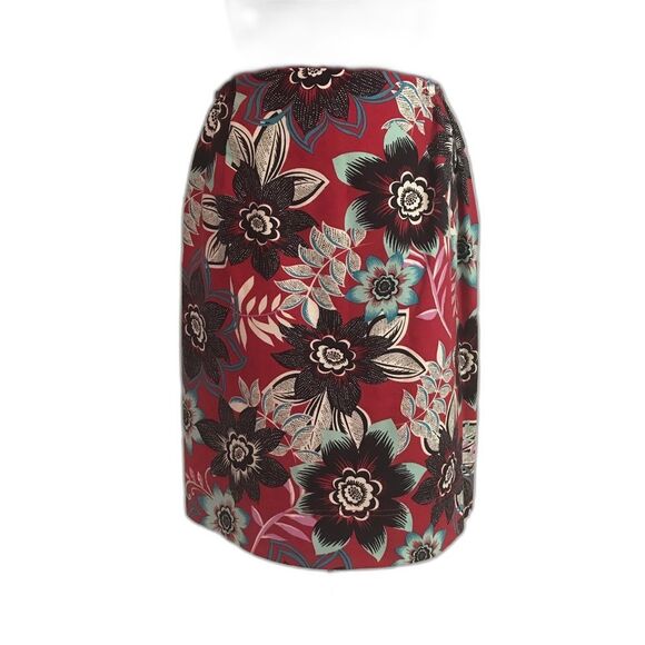 Talbots Red & Black Floral Print Pencil Skirt Women Size 14W Knee Length Cotton - Picture 1 of 11